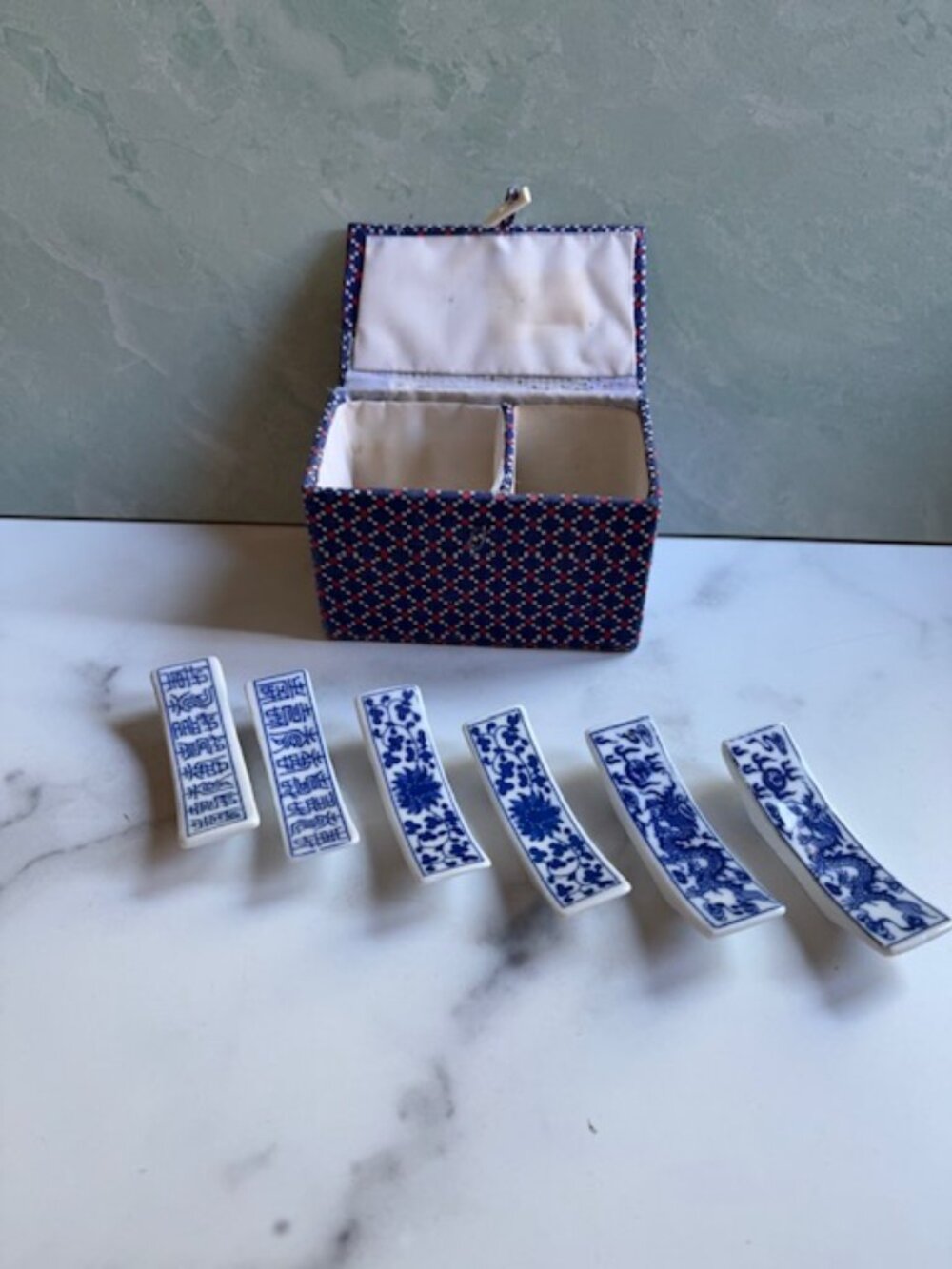 Vintage Porcelain Blue and White Asian Dragon Chopstick Rest Set of 6 with Box